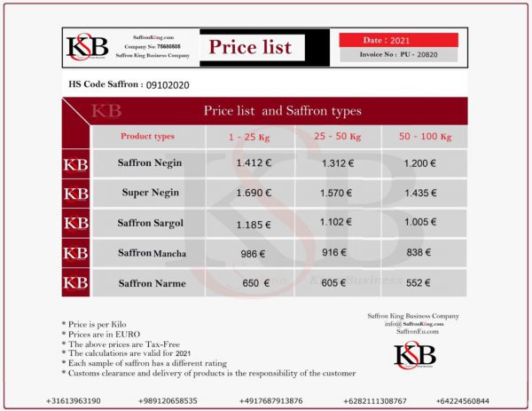 Verkaufspreis von einem Kilo Safran für den Export